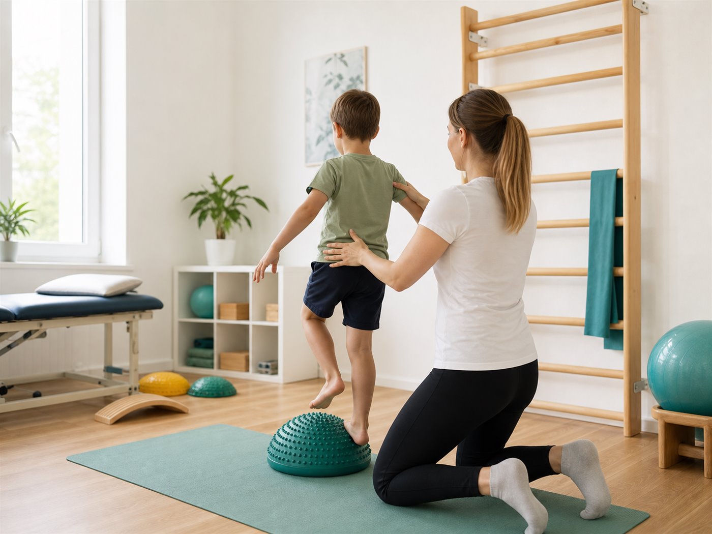 Symbolbild für kindgerechtes Haltungstraining in einer Physiotherapiepraxis; KI-generiertes Symbolbild